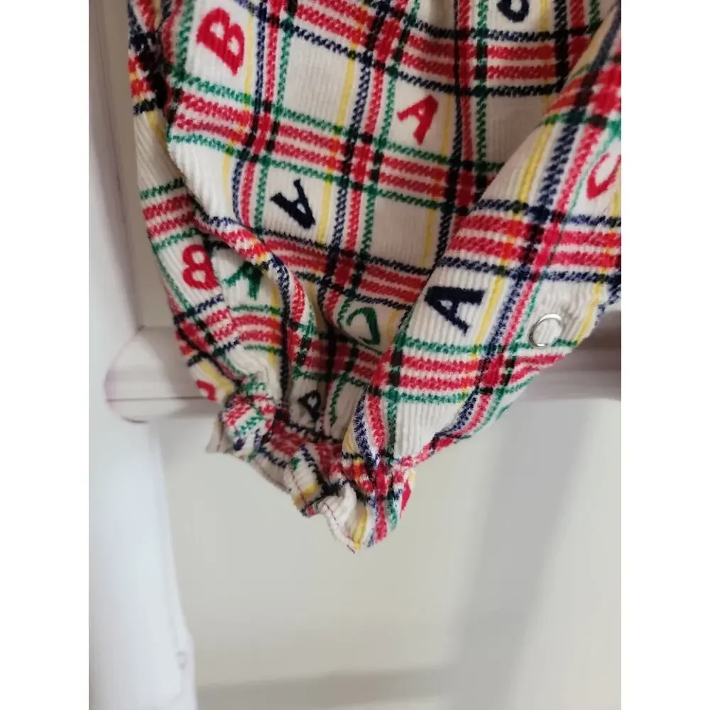 Vintage 90s Fisher-Price Baby ABC Plaid Romper Faux Red Cardigan Size 0-6 M